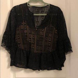 Black Sheer Patterned Blouse with Nude Cami Tank